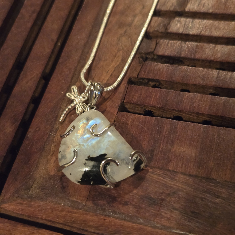 Rainbow Flash Moonstone 925 SS Pendant Necklace